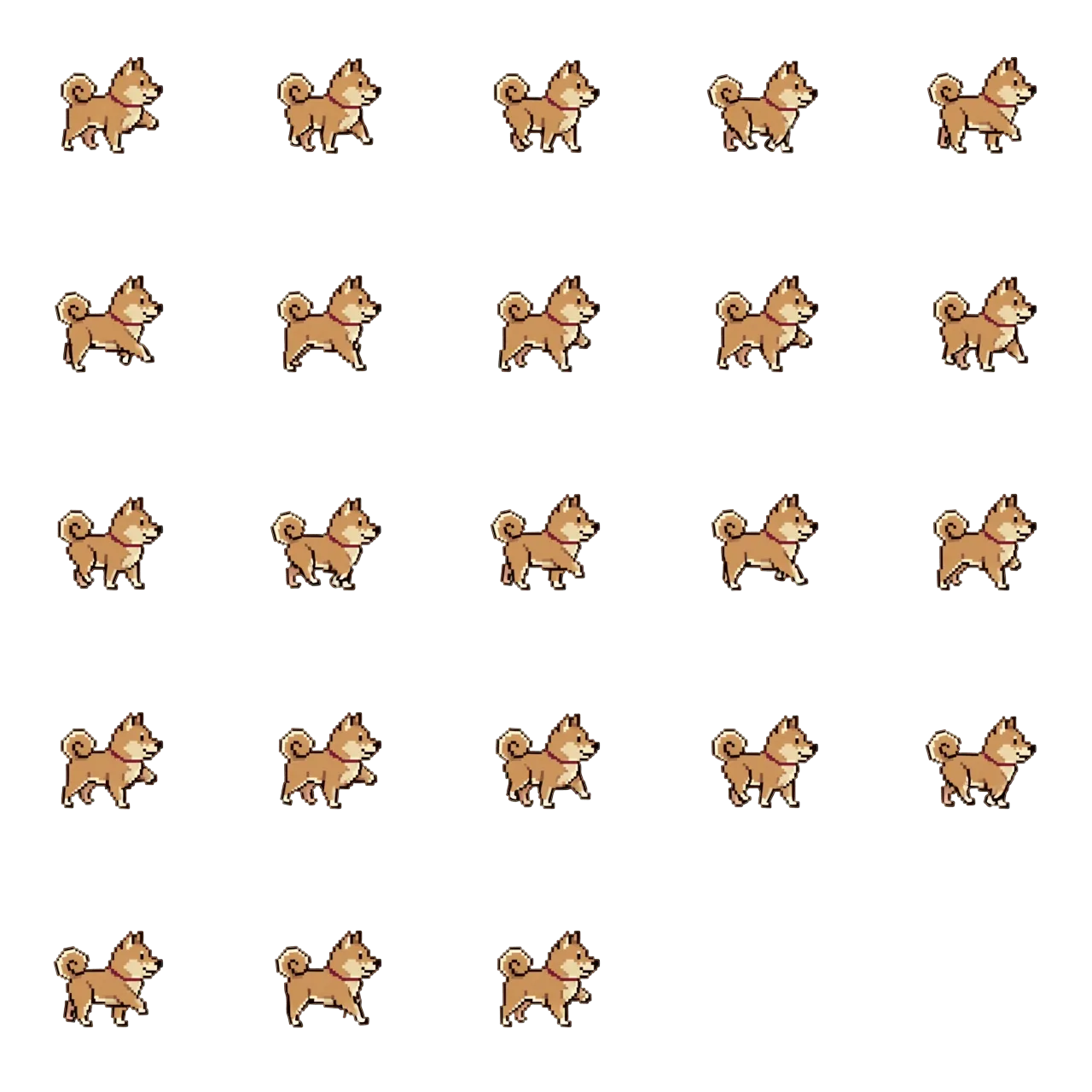 犬アプリで実際に使っている柴犬のドット絵スプライトシート。歩きアニメーションのコマが並んでいる