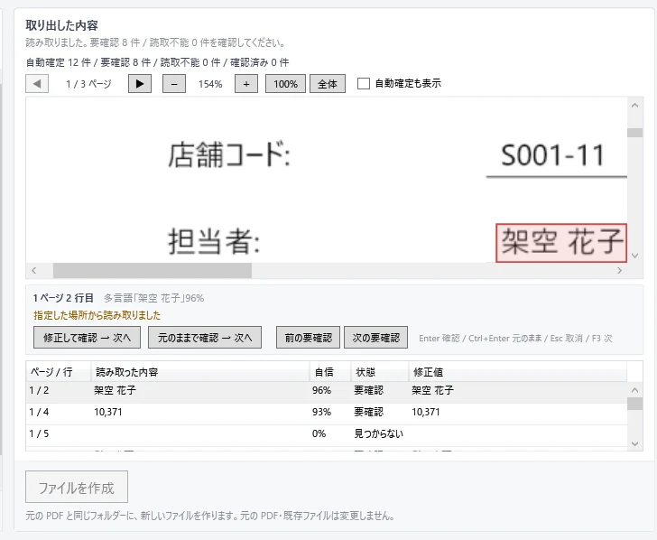 OCRの確認画面。上に元のPDFページの画像が出ていて、「担当者:」の右にある「架空 花子」が赤い枠で囲まれている。その下に「多言語「架空 花子」96%」と読み取り結果が並び、「修正して確認 → 次へ」「元のままで確認 → 次へ」のボタン、さらに下の一覧にページ / 行・読み取った内容・自信・状態・修正値が表示されている