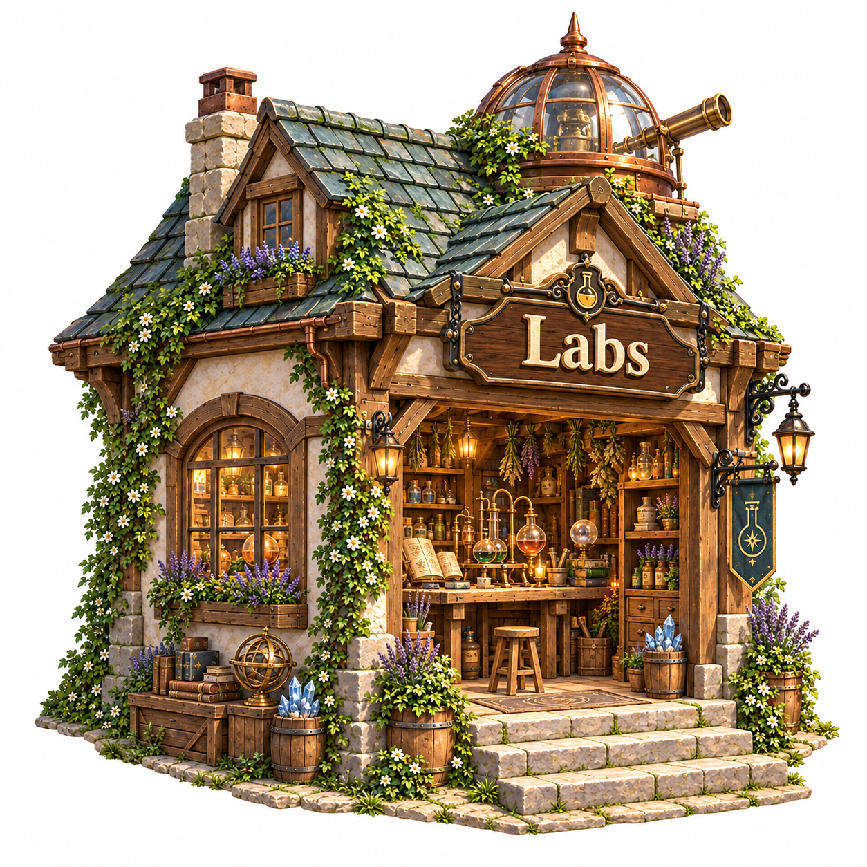 青緑の屋根に小さな天文ドームを備えた、Labsの実験工房