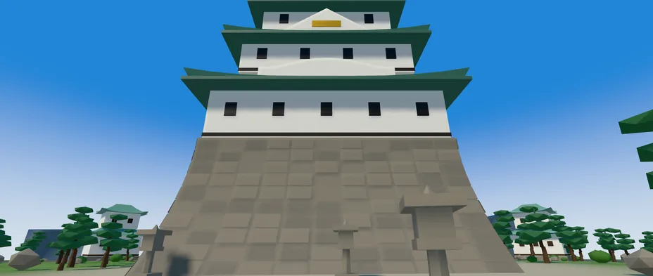 3Dで再現した大阪城を本丸の広場から見上げたスクリーンショット。石垣の上に5層の天守が建ち、左右に松と石灯籠が並んでいる