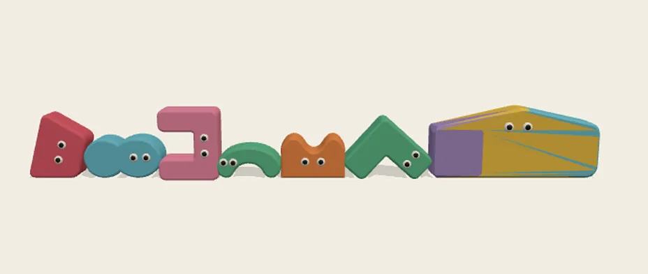 生成り色の背景に、目のついたカラフルなブロックキャラクター風の積み木が並び、複数の色を引き継いだ合体ブロックがいるスクリーンショット
